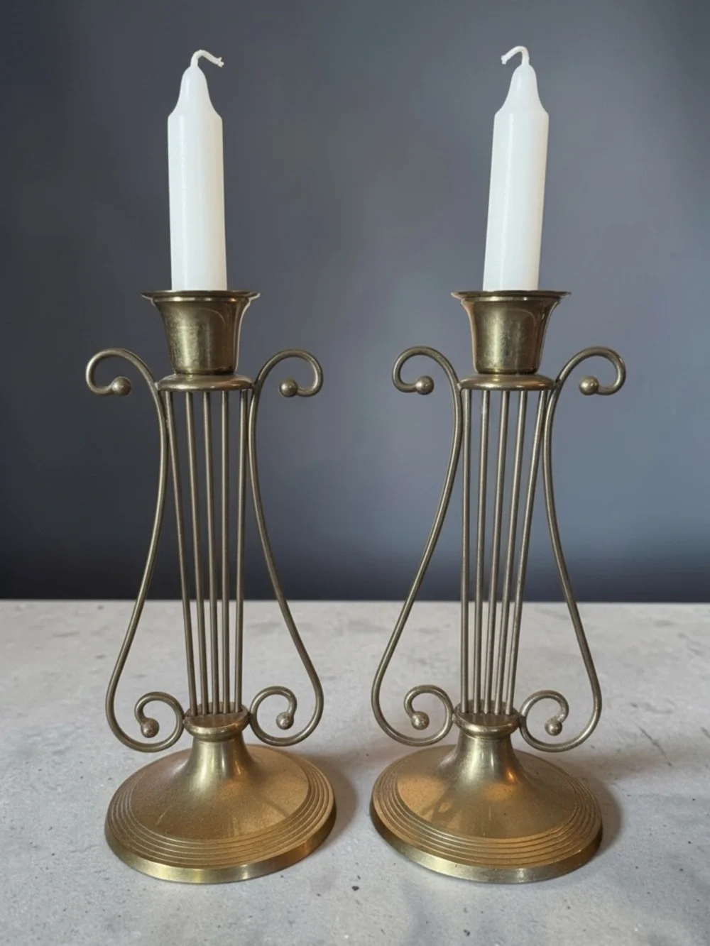 Pair of Brass Harp-Style Candlesticks for Tapers